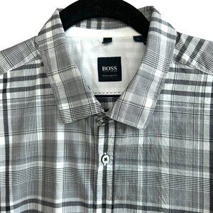 Hugo Boss Black White Plaid 100% Cotton Casual Shirt Spread Collar Size XL